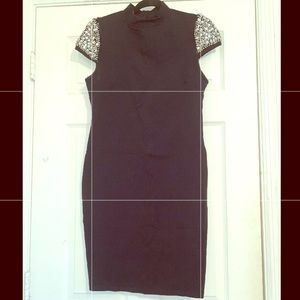 Vintage CY U.S.A. Black Beaded Sleeves Stretch Dress